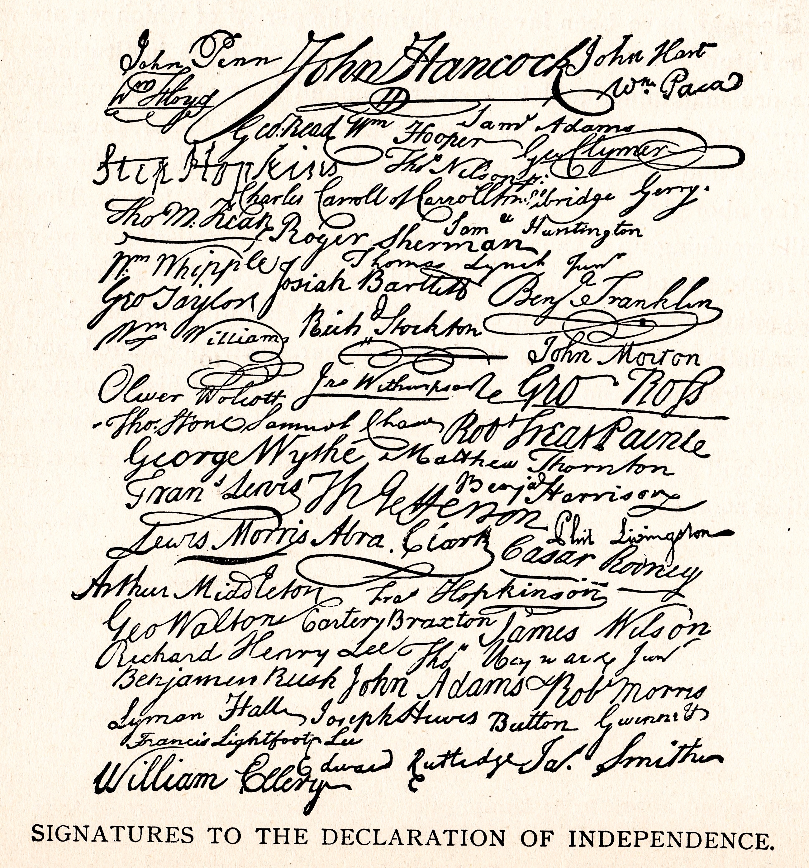 Signatures of the Declaration of Independence are shown, including those of John Hancock and Benjamin Franklin