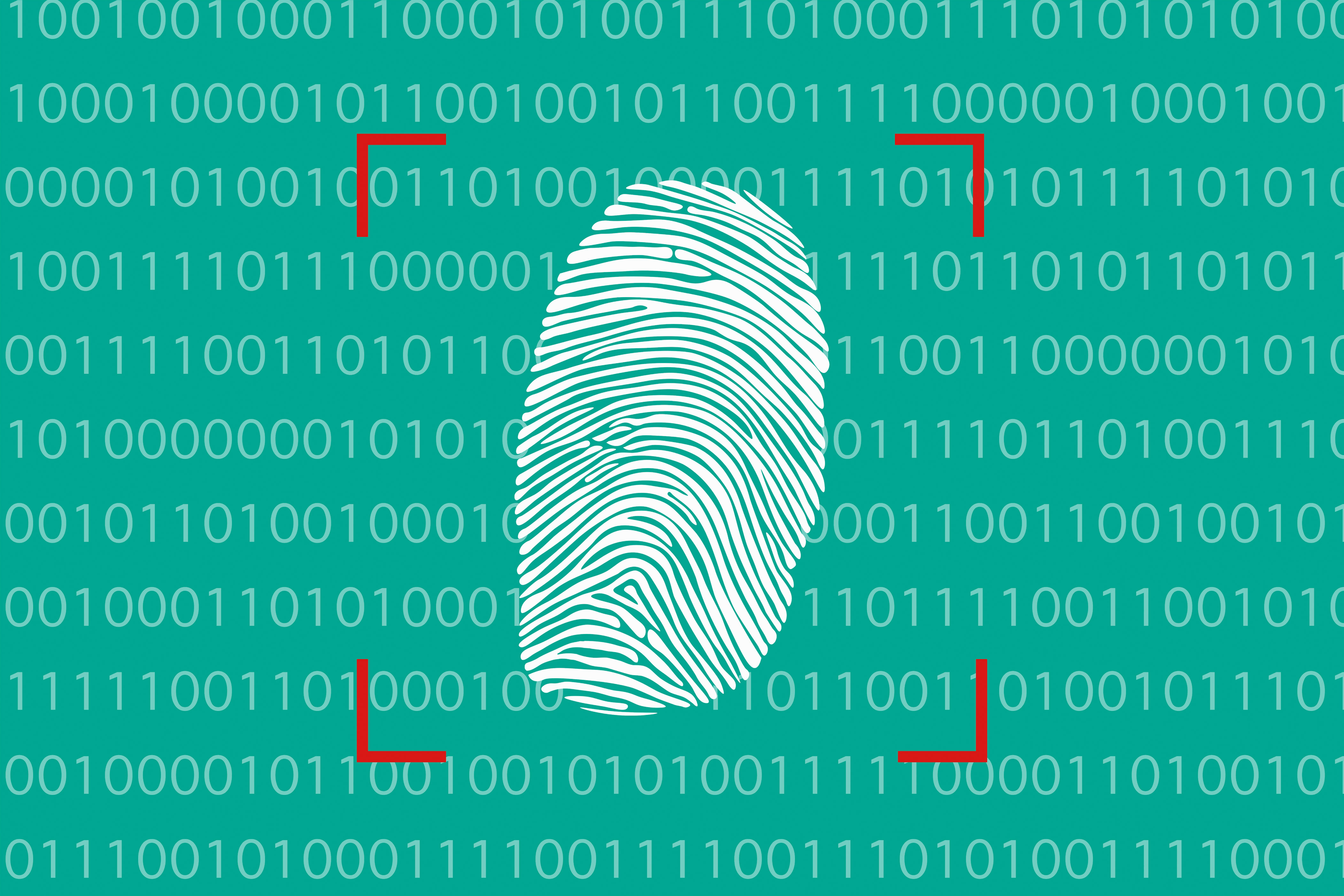 Fingerprint surrounded by binary code and red corner frames, suggesting a focus on digital security or biometric data