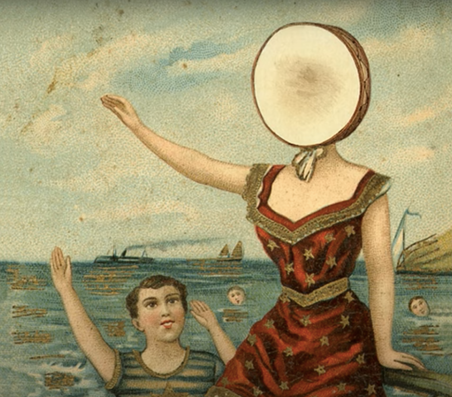 Vintage illustration of a woman with a tambourine face and child in a swimsuit waving in the ocean, with ships and swimmers in the background
