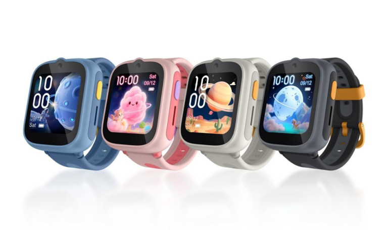 TCL MOVETIME MT48 children's smart watch showcasing its features in a cosmic themed background.