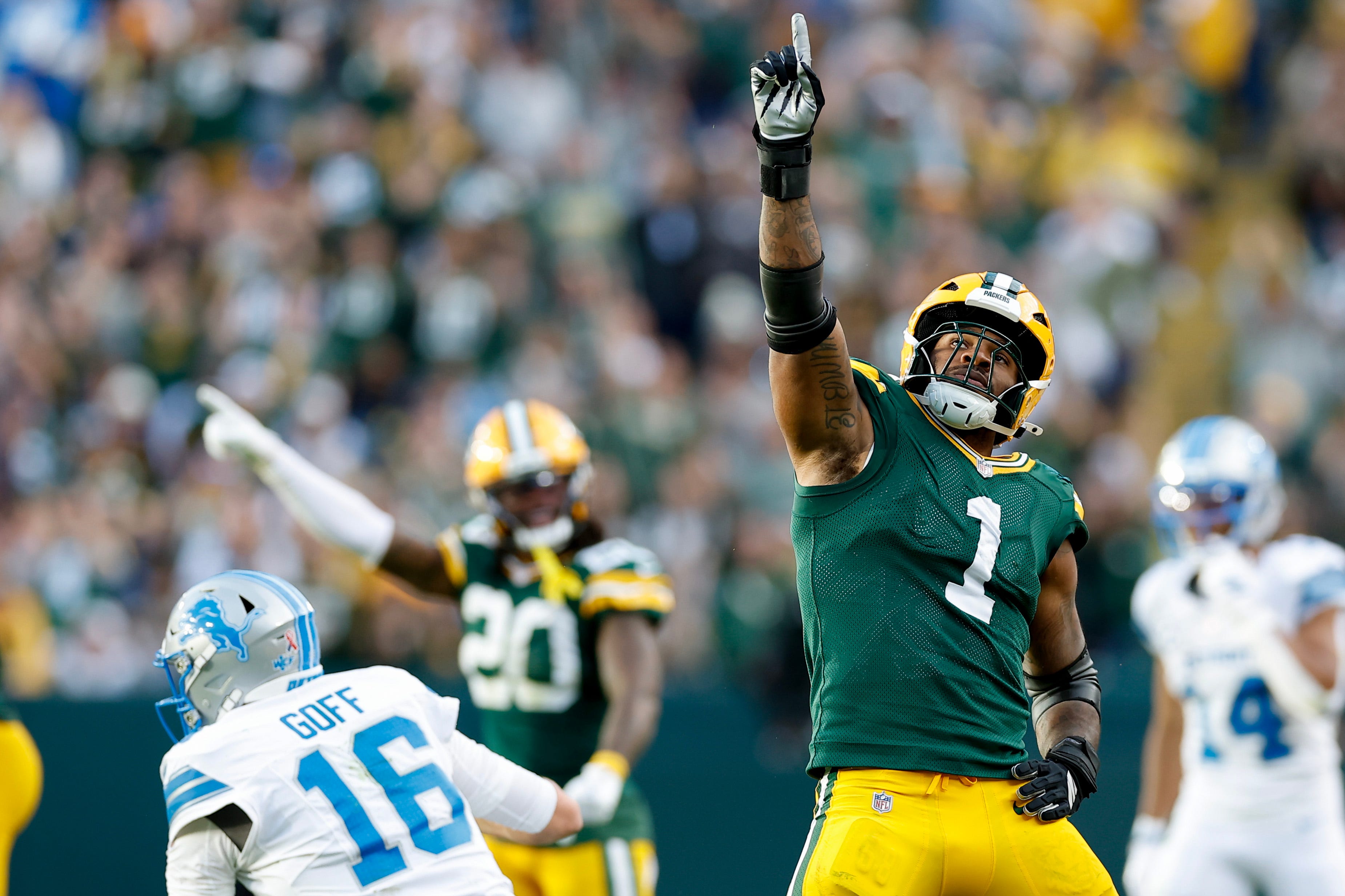 GREEN BAY, WISCONSIN - SEPTEMBER 07: Micah Parsons #1 of the Green Bay Packers reacts after sacking Jared Goff #16 of the Detroit Lions during the fourth quarter at Lambeau Field on September 07, 2025 in Green Bay, Wisconsin. (Photo by John Fisher/Getty Images)