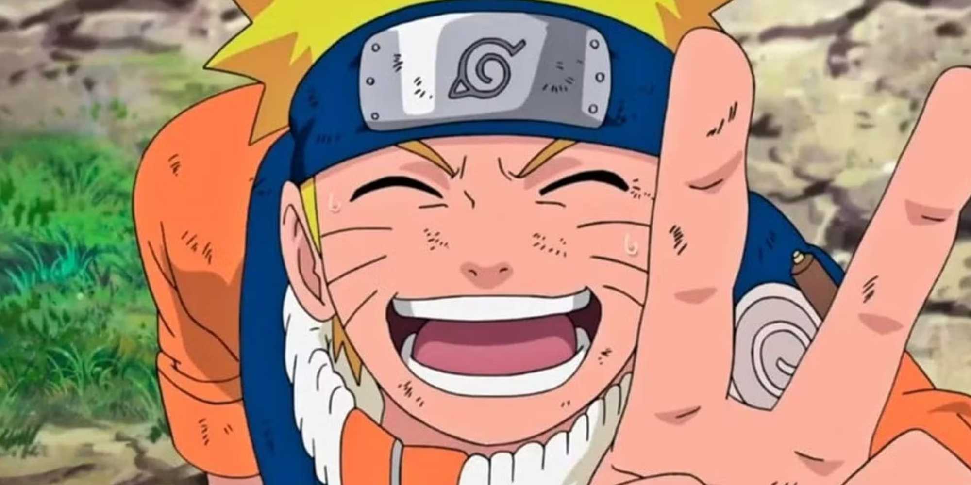 Naruto smiling broadly and giving the peace sign