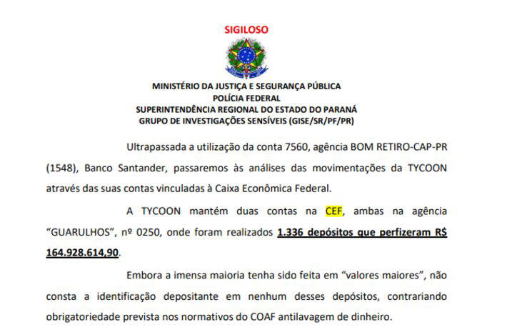 Trecho do relatório da Operção Tank do delegado em que aponta a falta de controle e fiscalização dos depósitos em dinheiro feitos na Caixa pela organização criminosa Foto: Reprodução / Polícia Federal