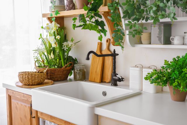 A stylish kitchen sink with lush plants and accessories arranged on the countertop and shelves nearby