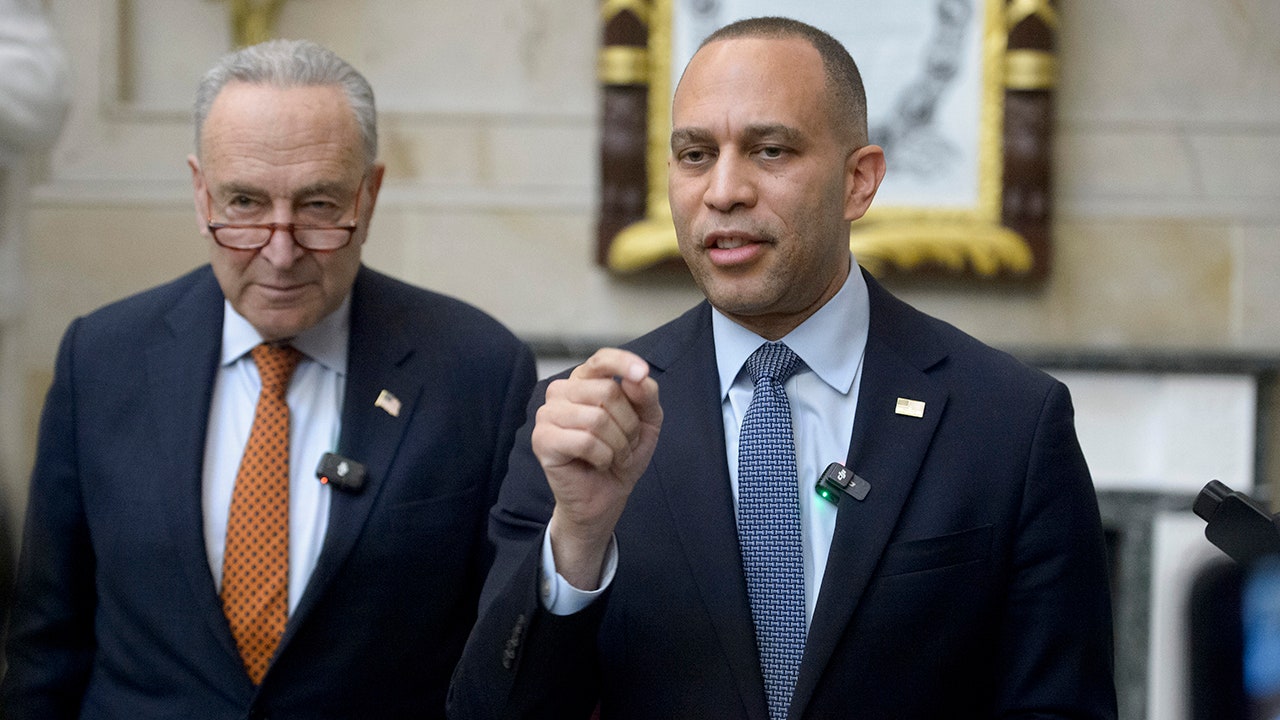 House Minority Leader Rep. Hakeem Jeffries, D-N.Y., right, is joined by Senate Minority Leader Sen. Chuck Schumer, D-N.Y., for a press conference in Statuary Hall at the Capitol on Feb. 12, 2025. AP Newsroom