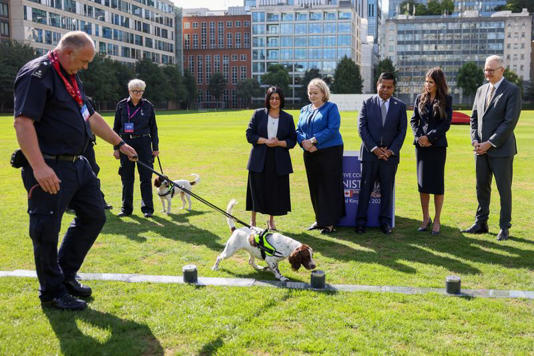 British Home Secretary Shabana Mahmood, U.S. Homeland Security Secretary Kristi Noem, Canada's Public Safety Minister Gary Anandasangaree, Australia's Home Affairs Minister Tony Burke and New Zealand's Attorney General Judith Collins watch a demonstration of Britain's Border Force detector dogs on the grounds of the Honourable Artillery Company on the day of a "Five Eyes" security alliance summit for talks on people smuggling and child sexual abuse, in London, Britain, September 8, 2025. REUTERS/Jack Taylor