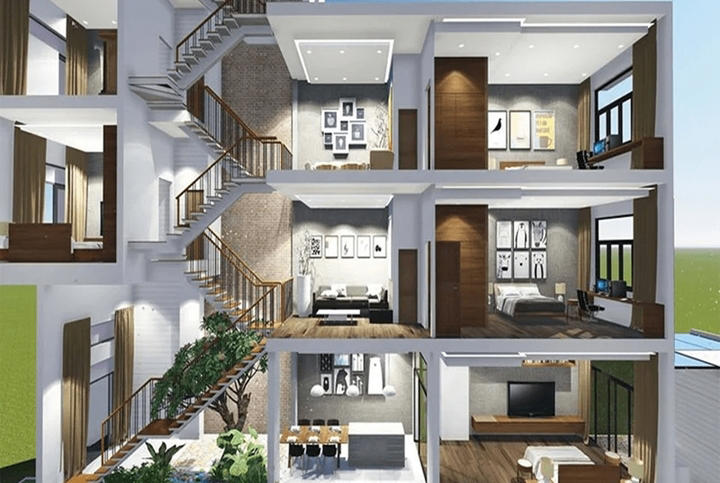 Nhà lệch tầng có công năng sử dụng linh hoạt. (Ảnh: Ahaco)