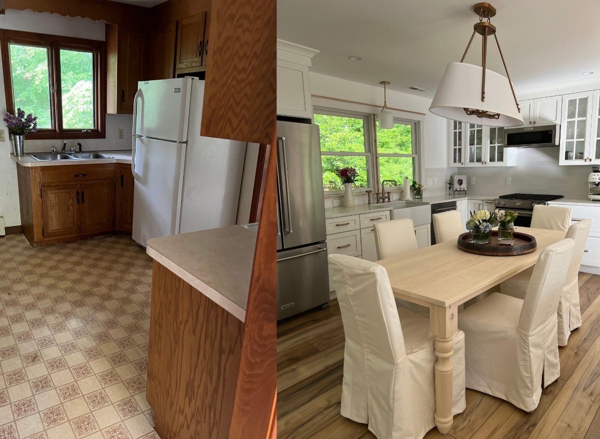 Side-by-side of old kitchen and new white, airy kitchen space