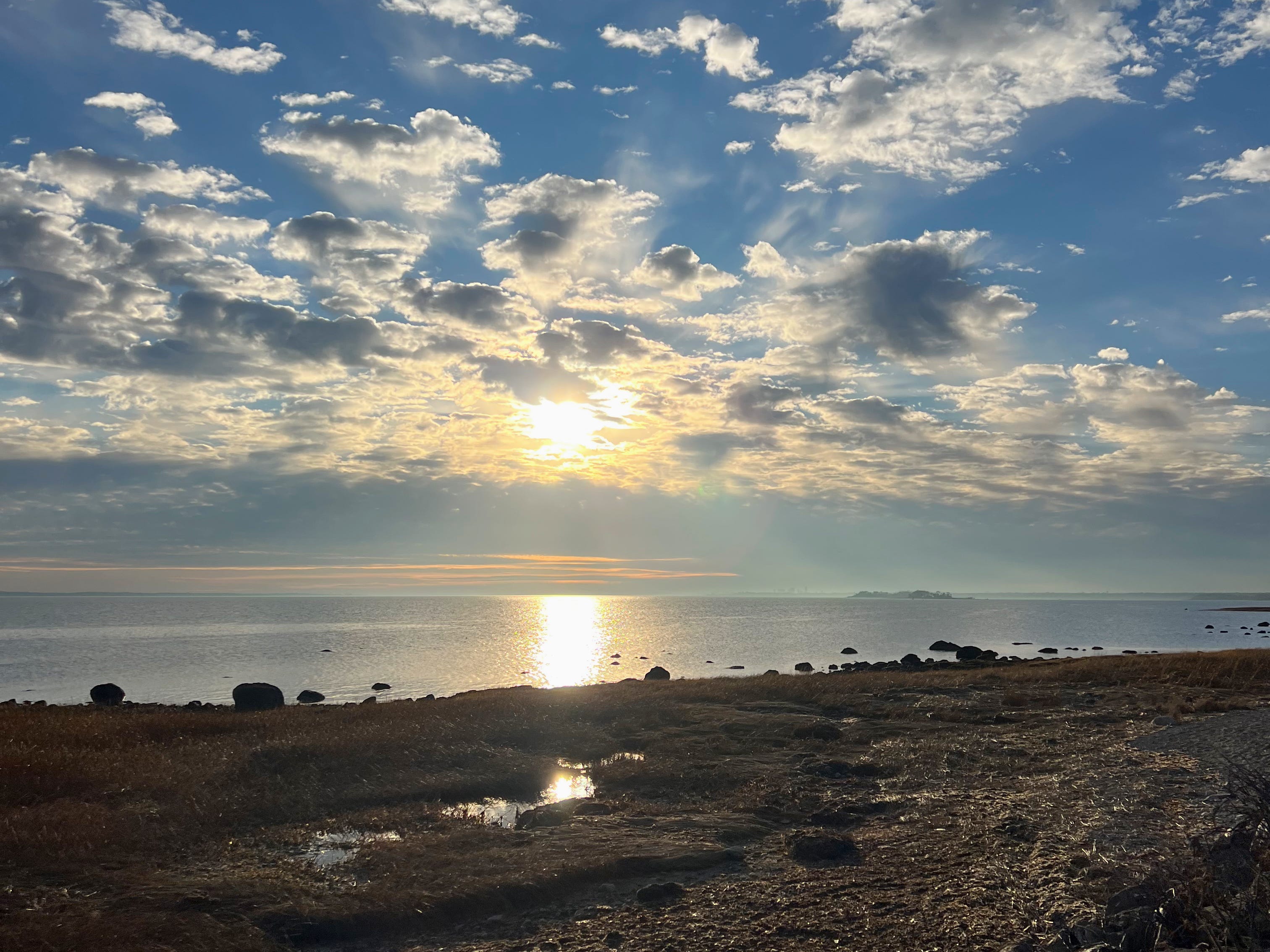 Sun reflecting off of water along rocky beech in Greenwich