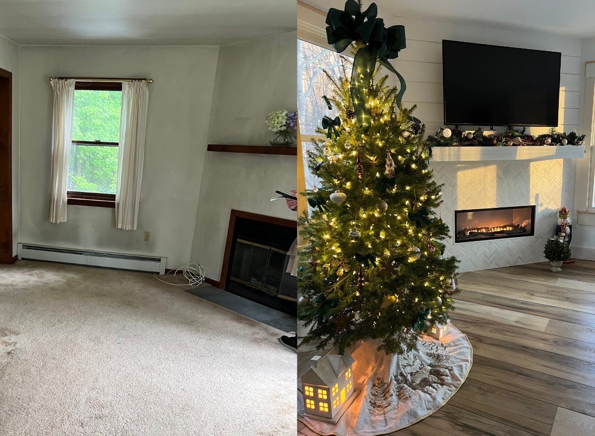 Side by side of old living area and living room with fireplace, christmas tree