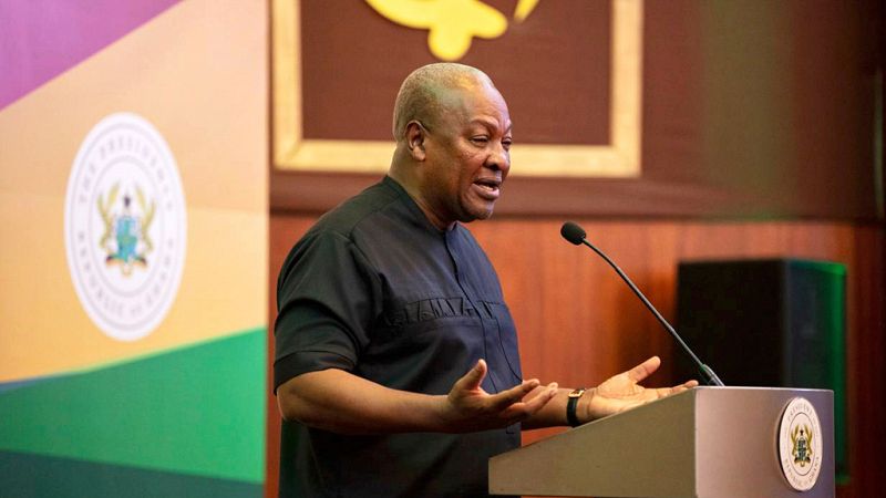 Ghanaian President John Mahama addresses the media at Jubilee House in Accra, Ghana, on September 10, 2025