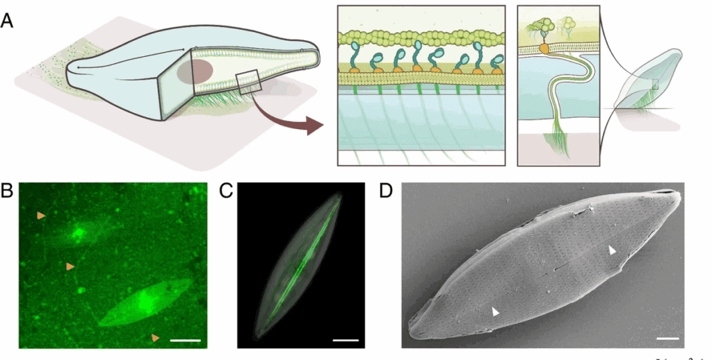 (A) Schematic illustrates diatom gliding motility driven by acto-myosin and mucilagethread-based latching machinery. (B) Mucilage traces left by ice diatoms, indicate movement paths (orange arrows). (C) Three-dimensional visualization of actin cables (green) within Navicula sp. (D) Scanning electron micrograph of Navicula sp. reveals thin slits (raphes) on the diatom frustules (white arrows). Credit: Zhang et al.