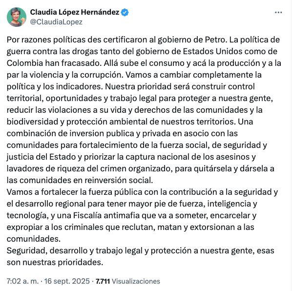 El mensaje completo de Claudia López.
