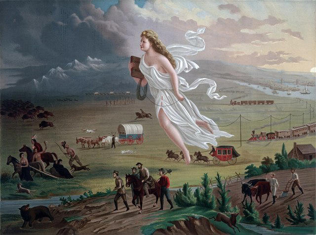 Pintura Progresso Americano (1872), de John Gast, é uma representação alegórica da modernização do novo oeste