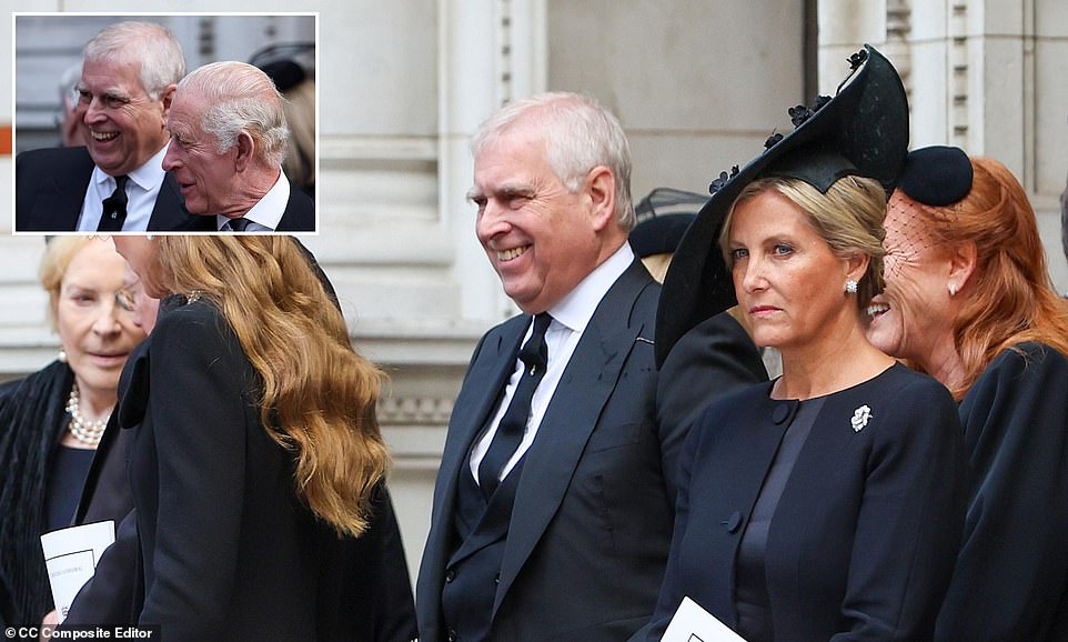Prince Andrew laughs at the Duchess of Kent's funeral