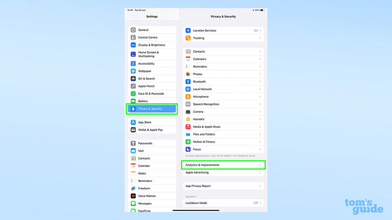 Screenshot of the iPad Settings menu