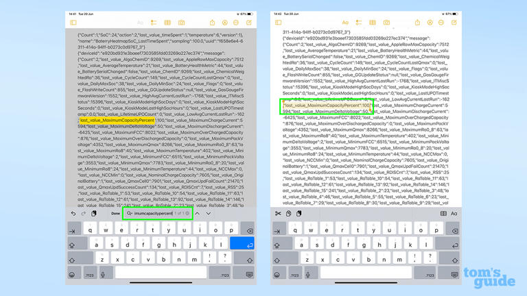 Screenshot of searching for battery data in analytics on an iPad