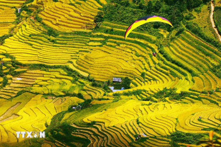 Đèo Khau Phạ là điểm đến lý tưởng cho những người đam mê môn thể thao dù lượn, vừa ngắm nhìn ruộng bậc thang tuyệt đẹp. (Ảnh: Lâm Khánh/TTXVN)