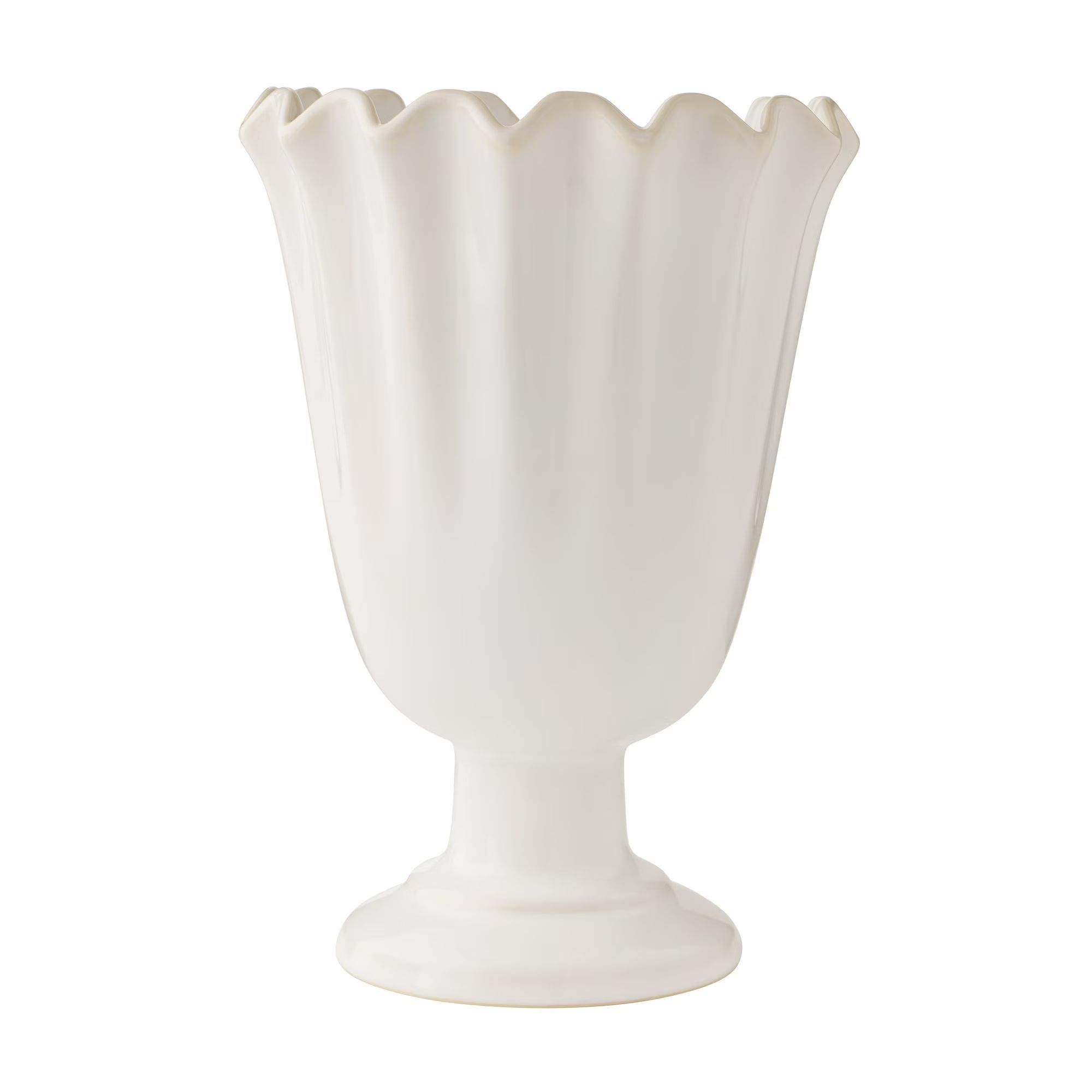 Footed tall white vase with scalloped edges