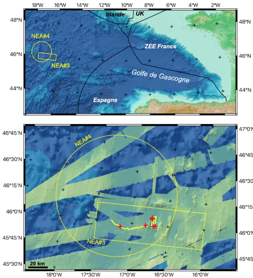 Location of areas in the North-East Atlantic abyssal plain where radioactive drums have been dumped (NEA#3 and #4) in international waters (top).