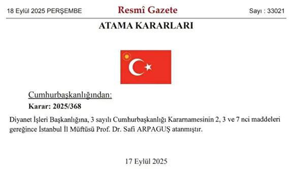 Diyanet İşleri Başkanlığı'na İstanbul Müftüsü Prof. Dr. Safi Arpaguş atandı