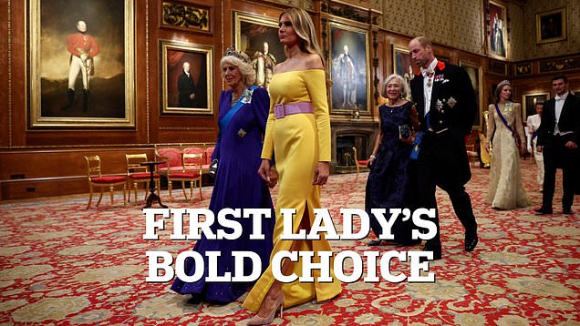 First Lady Melania Trump shows off shoulders in bold yellow gown | Watch