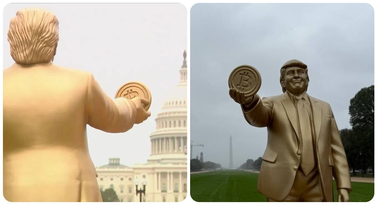 Qué hace una estatua de Trump sosteniendo una moneda de Bitcoin al frente  del Capitolio de Estados Unidos? No es un meme