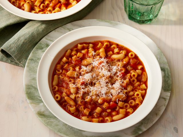 close up on a large bowl of pasta fagioli
