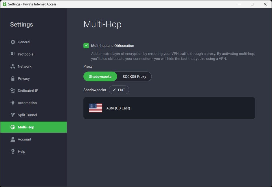 PIA VPN multi-hop and obfuscation servers