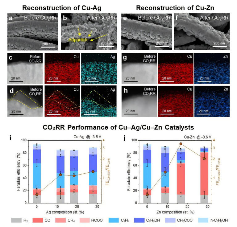 a–d, Surface structure and elemental mapping of Cu–Ag alloy before and after CO₂RR. e–h, Surface structure and mapping of Cu–Zn alloy before and after CO₂RR. i–j, Product selectivity as a function of alloy composition. Credit: Nature Catalysis