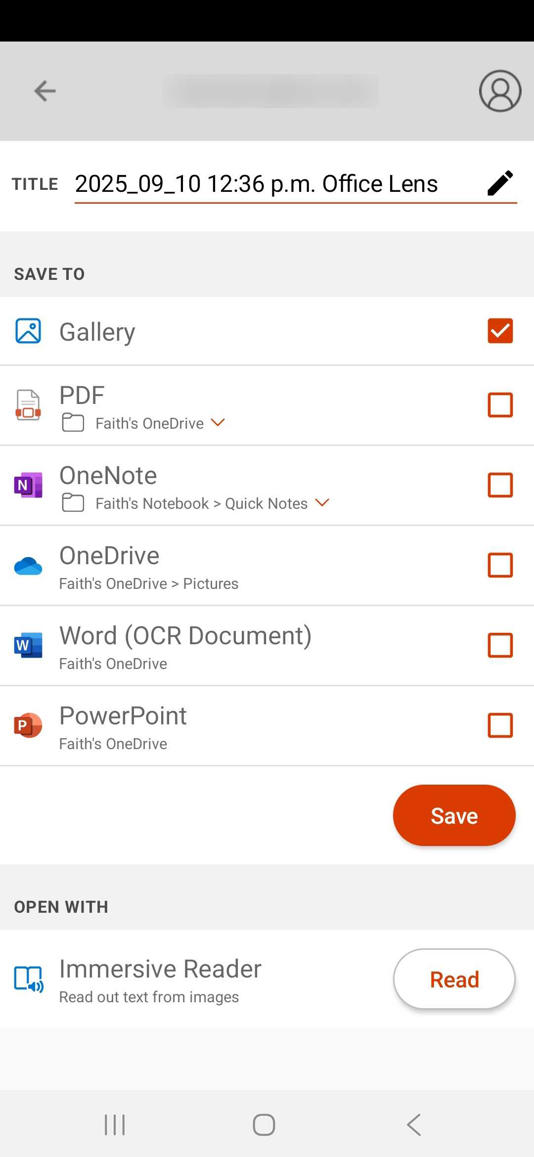 Microsoft Lens app showing workflow options for a given scanned document including save to options and rename title within the app