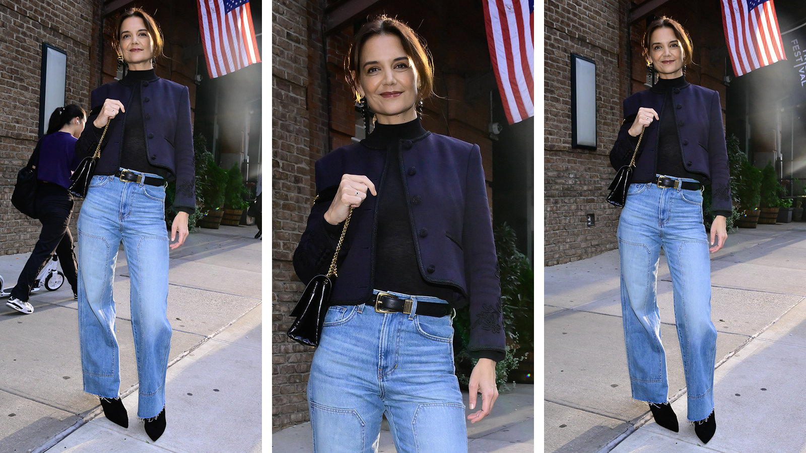 Katie Holmes wearing blue jeans and a navy jacket