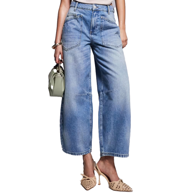 River Island blue barrel leg jeans with patch pockets