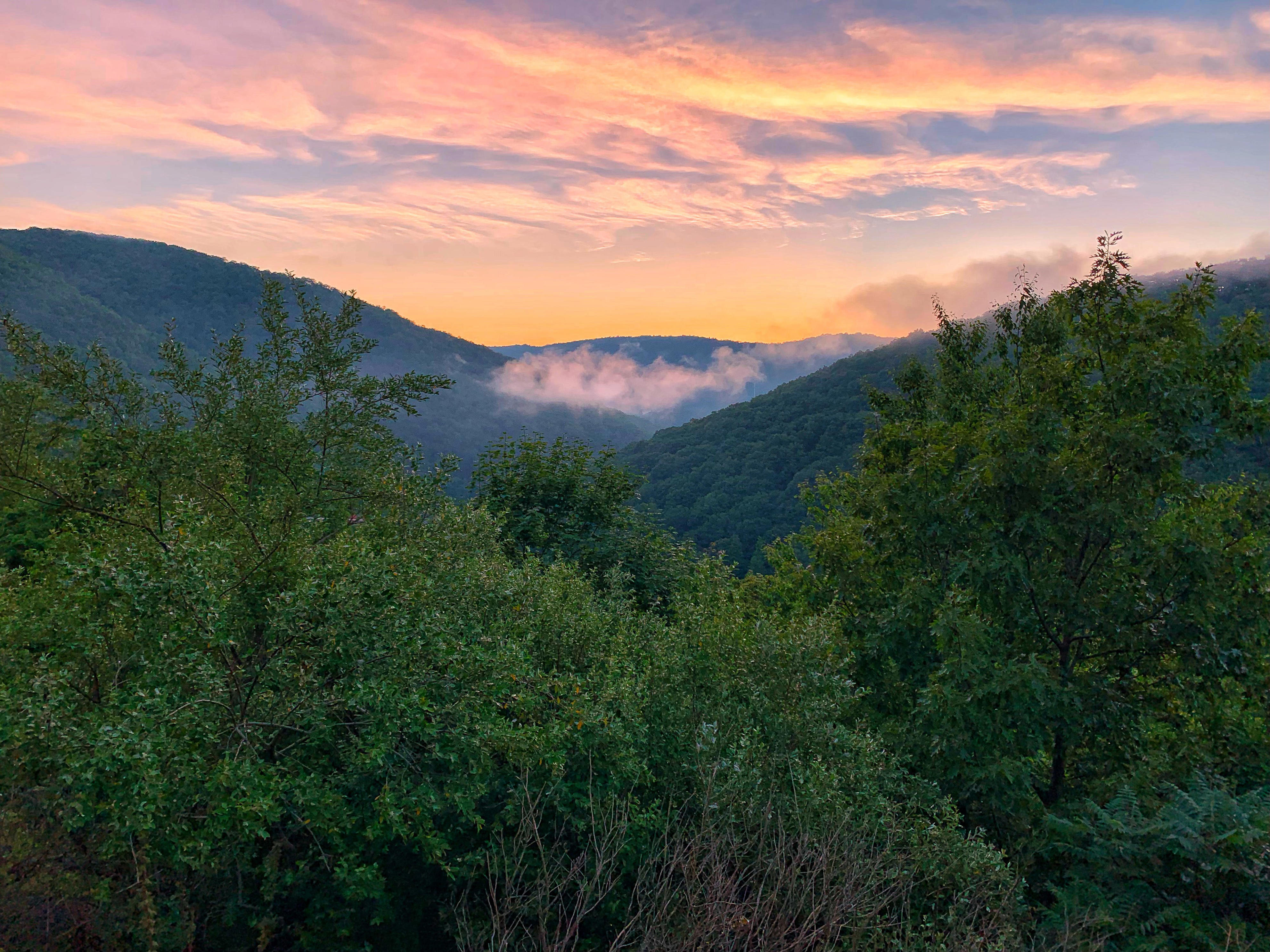 Aerial view of sunset over Pocono Mountains
