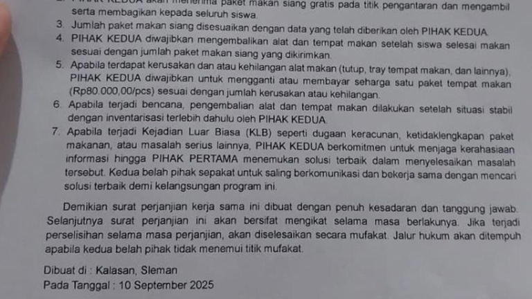 Beredar surat perjanjian yang mewajibkan penerima manfaat MBG di DIY untuk merahasiakan apabila terjadi kejadian luar biasa, termasuk kasus keracunan. (Istimewa)