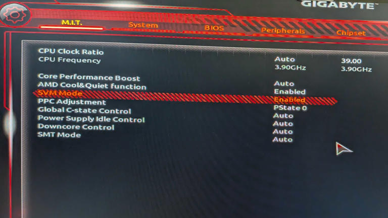 SVM AMD Virtualization enabled in UEFI BIOS of GIGABYTE motherboard.