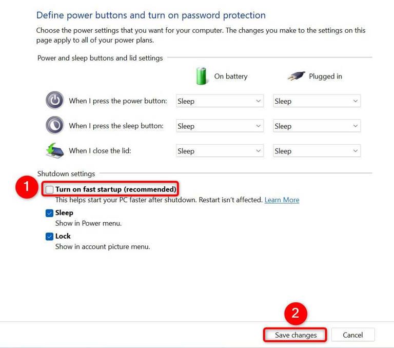 'Fast Startup (Recommended)' and 'Save Changes' highlighted in Control Panel.