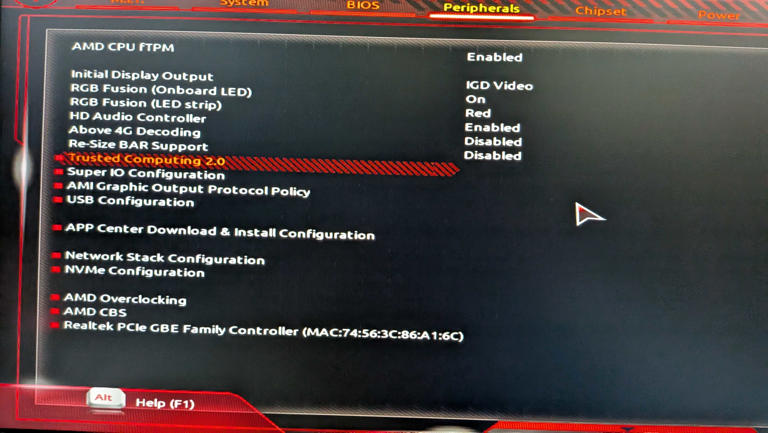 TPM settings in UEFI BIOS of GIGABYTE motherboard.
