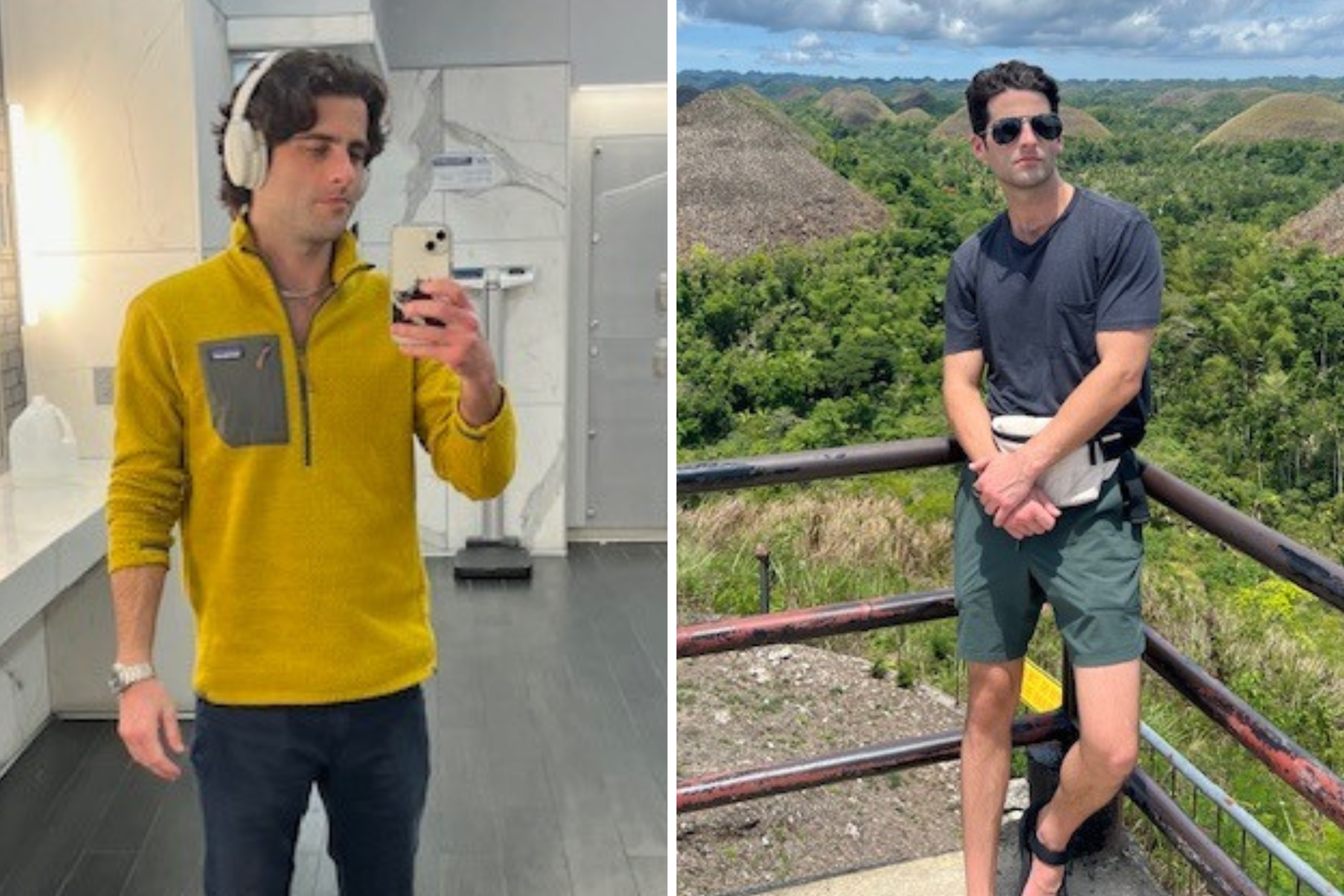 Micklos taking a selfie in the mirror in the gym toilets. Standing in a t-shirt and shorts at a national park.