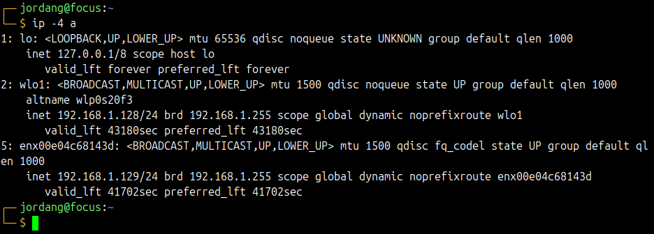 The Linux ip -4 a command results IPV4 addresses visible.