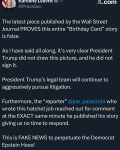 Press Sec Karoline Leavitt Denies Trump’s Epstein Birthday Card, But