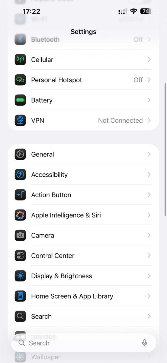 Settings app on an iPhone.