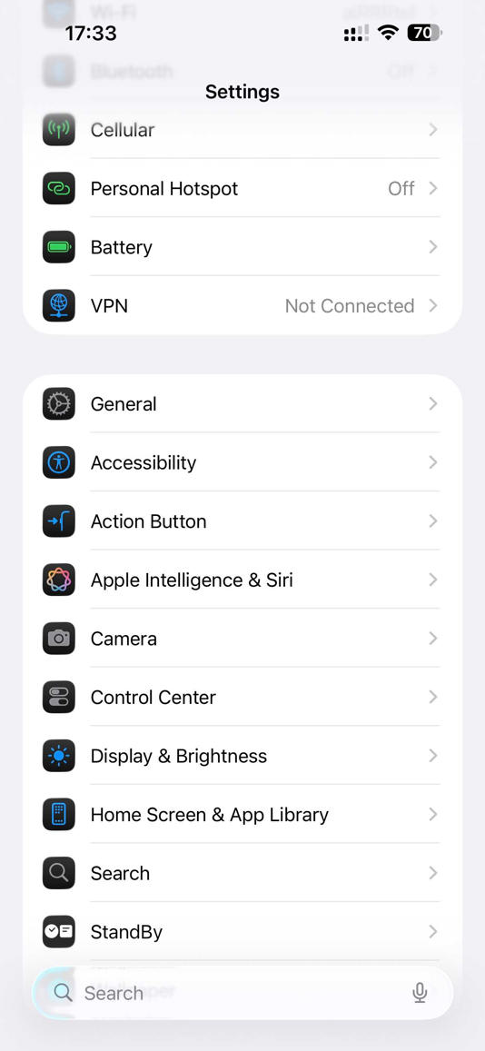 iPhone Settings page.