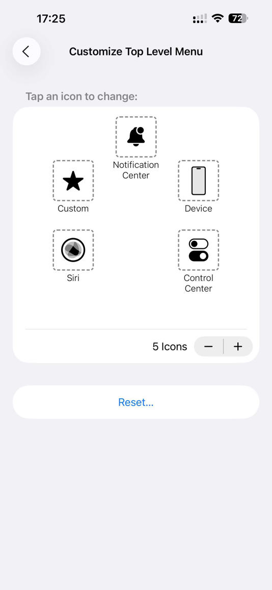 Customize Top Level Menu page for AssistiveTouch on an iPhone.