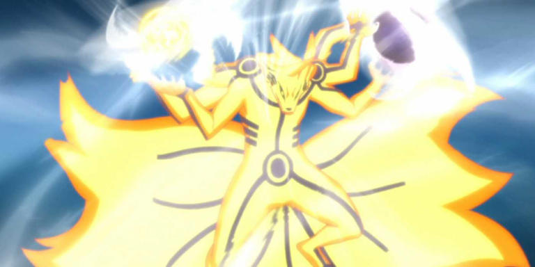 Naruto's Kurama Sage Form channels a light and dark Rasengan with six arms.