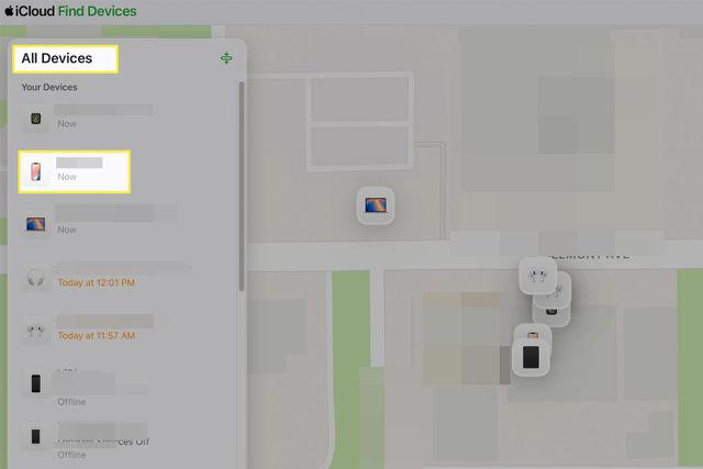 A screenshot of Apples Find My iPhone interface showing a list of devices and a map with their locations