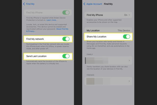 Configuration options for Find My on an iPhone showing toggles for Find My network Send Last Location and Share My Location