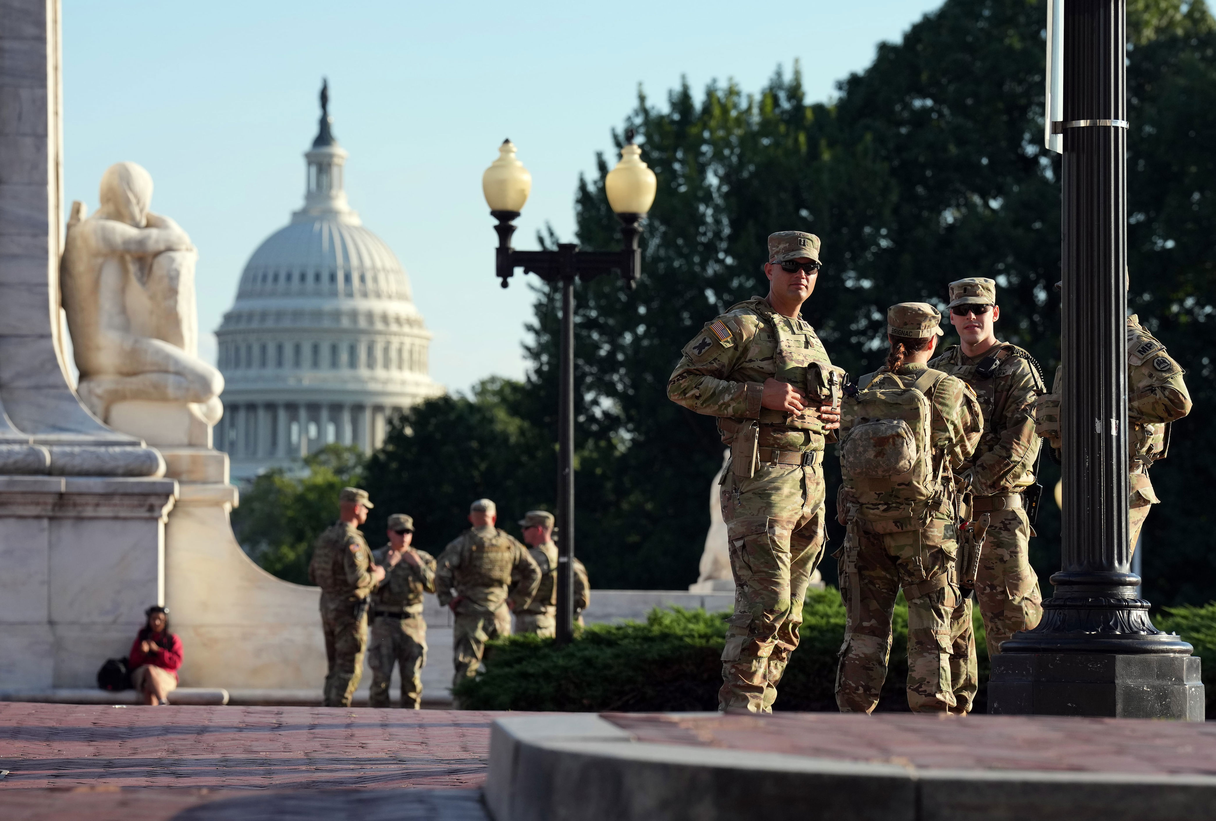 Members of the National Guard patrol D.C.'s Union Station on August 25, 2025. / Getty Images