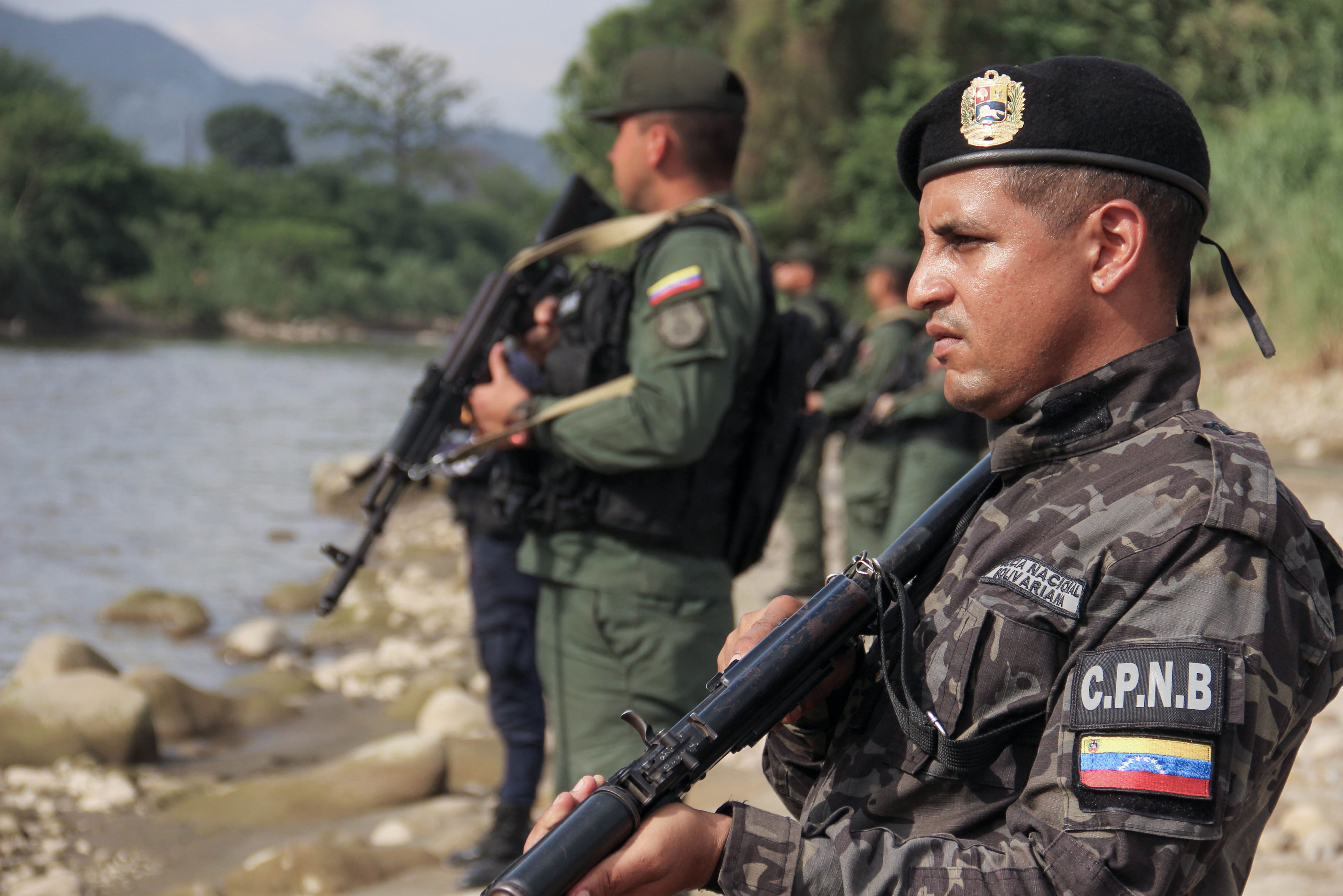Venezuelan soldiers patrol the border, in May 2023.