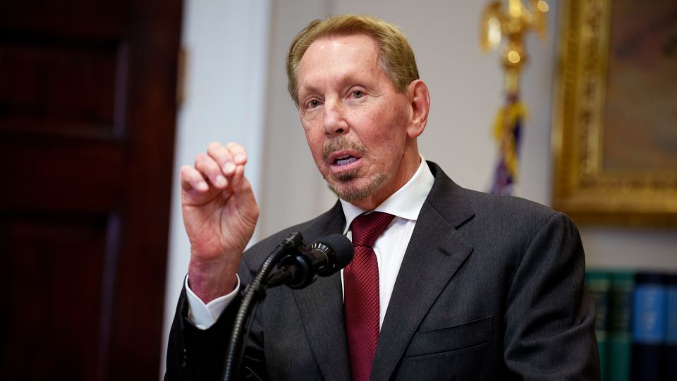 Ellison at a news conference in the White House earlier this year. - Andrew Harnik/Getty Images